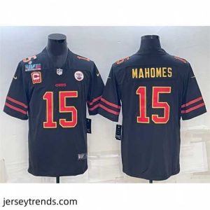 Magnificent Kansas City Chiefs 15 Patrick Mahomes Black Red Gold Super Bowl LVII Patch And 4 Star C Patch Vapor Untouchable Limited Stitched Jersey