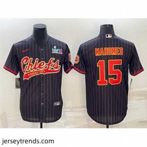 Brilliant Kansas City Chiefs 15 Patrick Mahomes Black With Super Bowl LVII Patch Cool Base Stitched Baseball Jersey