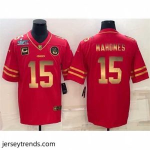 Radiant Kansas City Chiefs 15 Patrick Mahomes Red Gold Super Bowl LVII Patch And 4 Star C Patch Vapor Untouchable Limited Stitched Jersey