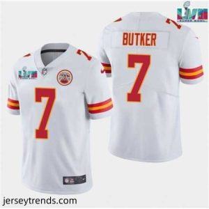 Radiant Kansas City Chiefs 7 Harrison Butker White Super Bowl LVII Patch Vapor Untouchable Limited Stitched Jersey