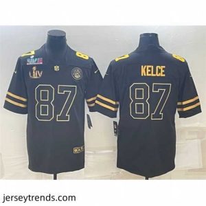 Suave Kansas City Chiefs 87 Travis Kelce Black Golden Super Bowl LV And Super Bowl LVII Patch Vapor Limited Stitched Jersey
