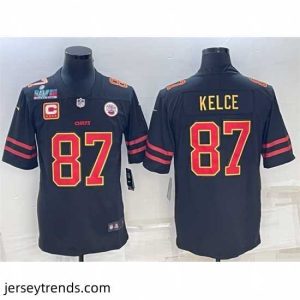 Exquisite Kansas City Chiefs 87 Travis Kelce Black Red Gold Super Bowl LVII Patch And 4 Star C Patch Vapor Untouchable Limited Stitched Jersey