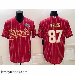 Suave Kansas City Chiefs 87 Travis Kelce Red With Super Bowl LVII Patch Cool Base Stitched Baseball Jersey