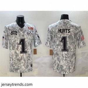 Exquisite Philadelphia Eagles 1 Jalen Hurts Arctic Camo 2025 Super Bowl LIX Patch F.U.S.E Salute To Service Limited Stitched Football Jersey