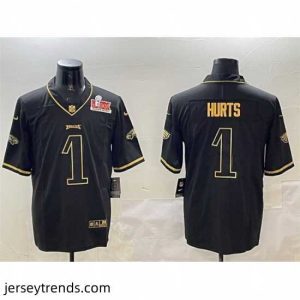 Captivating Philadelphia Eagles 1 Jalen Hurts Black Gold 2025 Super Bowl LIX Patch Salute To Service Vapor Untouchable Limited Stitched Football Jersey