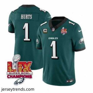 Striking Philadelphia Eagles 1 Jalen Hurts Green 2025 Eagles Logo Super Bowl LIX Patch With 4 Star C Patch New F.U.S.E  Vapor Untouchable Limited Stitched Footb