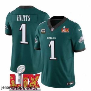 Suave Philadelphia Eagles 1 Jalen Hurts Green 2025 Super Bowl LIX Patch With 3 Star C Patch New F.U.S.E  Vapor Untouchable Limited Stitched Football Jersey