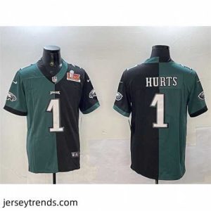 Suave Philadelphia Eagles 1 Jalen Hurts Green  26 Black Split 2025 Super Bowl LIX Patch Vapor Untouchable Limited Stitched Football Jersey