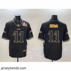 Exquisite Philadelphia Eagles 11 A  J  Brown Black Gold 2025 Super Bowl LIX Patch Salute To Service Vapor Untouchable Limited Stitched Football Jersey