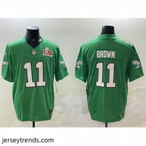 Radiant Philadelphia Eagles 11 A J  Brown Green 2025 Super Bowl LIX Patch F.U.S.E  Throwback Vapor Untouchable Limited Stitched Football Jersey