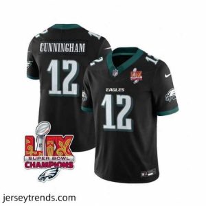 Exquisite Philadelphia Eagles 12 Randall Cunningham Black 2025 Eagles Logo Super Bowl LIX Patch New F.U.S.E  Vapor Limited Stitched Football Jersey