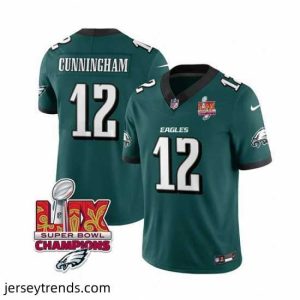 Exquisite Philadelphia Eagles 12 Randall Cunningham Green 2025 Eagles Logo Super Bowl LIX Patch New F.U.S.E  Vapor Limited Stitched Football Jersey
