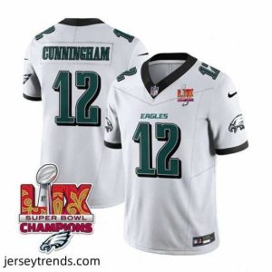 Striking Philadelphia Eagles 12 Randall Cunningham White 2025 Eagles Logo Super Bowl LIX Patch New F.U.S.E  Vapor Limited Stitched Football Jersey
