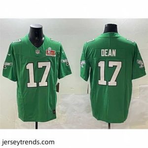 Radiant Philadelphia Eagles 17 Nakobe Dean Green 2025 Super Bowl LIX Patch F.U.S.E  Throwback Vapor Untouchable Limited Stitched Football Jersey