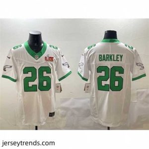 Suave Philadelphia Eagles 26 Saquon Barkley White 2025 Super Bowl LIX Patch F.U.S.E  Vapor Untouchable Limited Stitched Football Jersey
