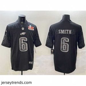 Radiant Philadelphia Eagles 6 DeVonta Smith Black 2025 Super Bowl LIX Patch Reflective Vapor Untouchable Limited Stitched Football Jersey