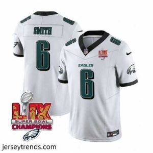 Striking Philadelphia Eagles 6 DeVonta Smith White 2025 Eagles Logo Super Bowl LIX Patch New F.U.S.E  Vapor Untouchable Limited Stitched Football Jersey