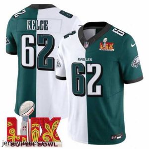 Suave Philadelphia Eagles 62 Jason Kelce White Green Split 2025 Super Bowl LIX Patch F.U.S.E  Vapor Untouchable Limited Stitched Football Jersey