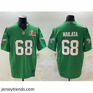 Magnificent Philadelphia Eagles 68 Jordan Mailata Green 2025 Super Bowl LIX Patch F.U.S.E  Throwback Vapor Untouchable Limited Stitched Football Jersey