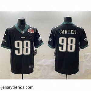 Captivating Philadelphia Eagles 98 Jalen Carter Black 2025 Super Bowl LIX Patch Vapor Untouchable Limited Stitched Football Jersey