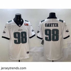 Captivating Philadelphia Eagles 98 Jalen Carter White 2025 Super Bowl LIX Patch New Vapor Untouchable Limited Stitched Football Jersey