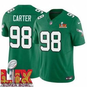Radiant Philadelphia Eagles Jalen Carter #98 Kelly Green 2025 Super Bowl LIX F.U.S.E Stitched NFL Jersey