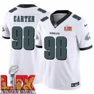 Radiant Philadelphia Eagles Jalen Carter #98 White 2025 Super Bowl LIX F.U.S.E Stitched NFL Jersey