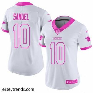 Exquisite Nike Panthers #10 Curtis Samuel White Pink Womens Stitched NFL Limited Rush Fashion Jersey