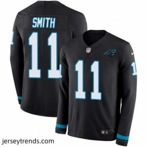 Striking Nike Panthers #11 Torrey Smith Black Team Color Stitched NFL Limited Therma Long Sleeve Jersey