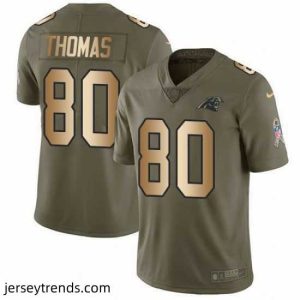 Exquisite Nike Panthers 80 Ian Thomas Olive Gold Salute To Service Limited Jersey