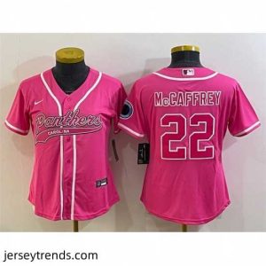 Exquisite Carolina Panthers 22 Christian McCaffrey Pink With Patch Cool Base Stitched Baseball Jersey