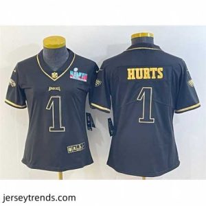 Radiant Philadelphia Eagles 1 Jalen Hurts Black Golden Edition Super Bowl LVII Patch Stitched Football Jersey