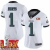 Striking Philadelphia Eagles Jalen Hurts #1 White 2025 Super Bowl LIX F.U.S.E Stitched NFL Jersey