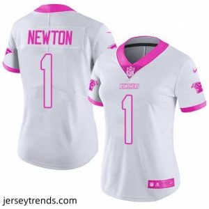 Magnificent Womens Nike Carolina Panthers 1 Cam Newton Limited WhitePink Rush Fashion NFL Jersey