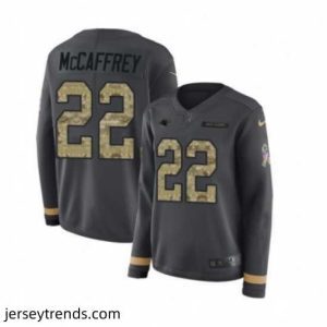 Suave Womens Nike Carolina Panthers 22 Christian McCaffrey Limited Black Salute to Service Therma Long Sleeve NFL Jersey