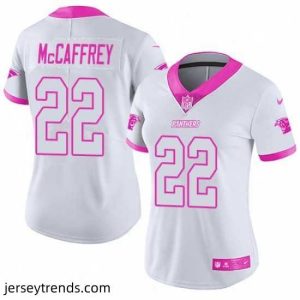 Brilliant Womens Nike Carolina Panthers 22 Christian McCaffrey Limited WhitePink Rush Fashion NFL Jersey