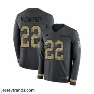 Striking Nike Carolina Panthers 22 Christian McCaffrey Limited Black Salute to Service Therma Long Sleeve NFL Jersey
